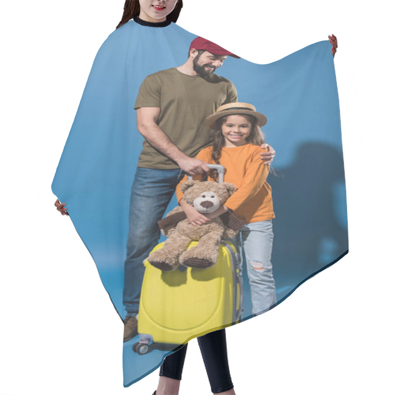 Personality  Father And Daughter Standing With Baggage And Teddy Bear On Blue Hair Cutting Cape