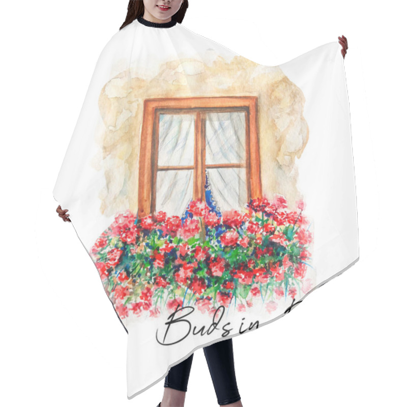 Personality  Aquarelle Drawing Of Old Window With Flowers. Buds In Bloom. Art Illusttration Hair Cutting Cape