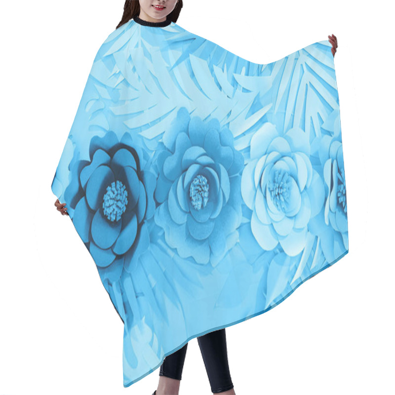 Personality  Flat Lay With Paper Cut Leaves And Flowers On Blue  Background Hair Cutting Cape