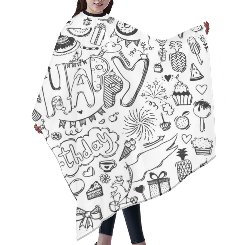 Personality  Doodle Hand Drawn Sketch, Set Of Happy Birthday Design Elements. Fruit, Cake, Balloons, Holiday Decorations. Hair Cutting Cape