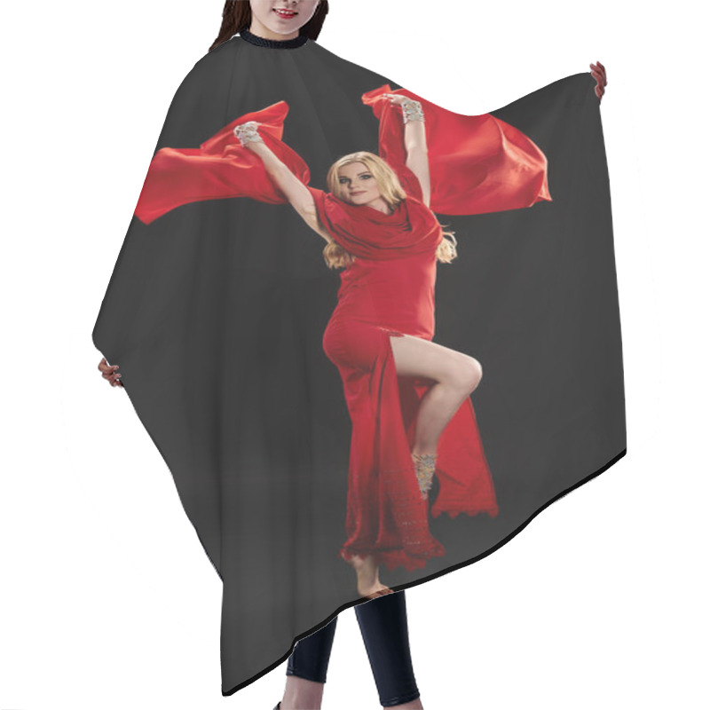 Personality  Woman In Red Dress Gracefully Dances With Flowing Red Scarf. Hair Cutting Cape