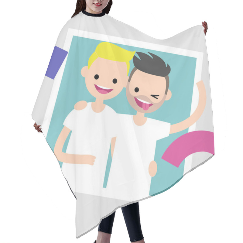 Personality  Best Friends Photo Frame. Two Young Friends Hugging Each Other. Flat Editable Vector Illustration, Clip Art Hair Cutting Cape