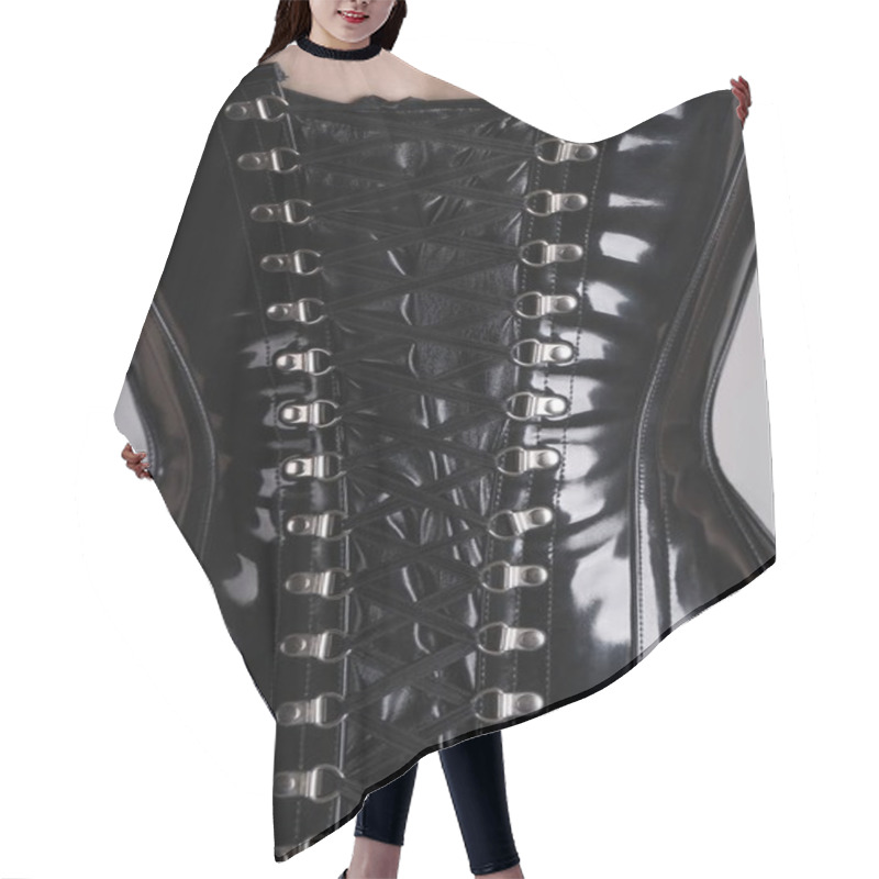 Personality   Woman In Black Glossy Corset   Hair Cutting Cape