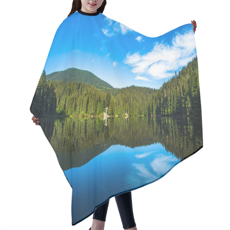 Personality  Lake Synevir. Beautiful Nature Scenery Outdoors. Coniferous Forest With Tall Trees On The Shore, Reflected In The Steady Water. Mountain Lake In Summer. Blue Sky With Clouds. Beautiful Landscape Hair Cutting Cape