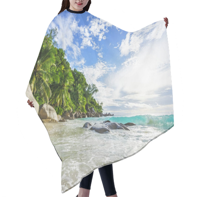 Personality  Paradise Tropical Beach With Rocks,palm Trees And Turquoise Water Hair Cutting Cape