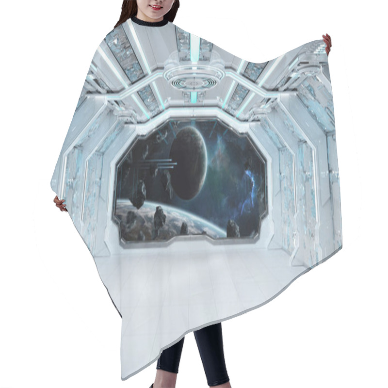 Personality  White Blue Spaceship Futuristic Interior With Window View On Spa Hair Cutting Cape