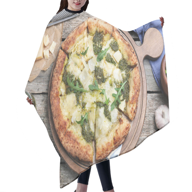 Personality  Delicious Pizza With Pesto, Cheese And Arugula Served On Wooden Table, Flat Lay Hair Cutting Cape