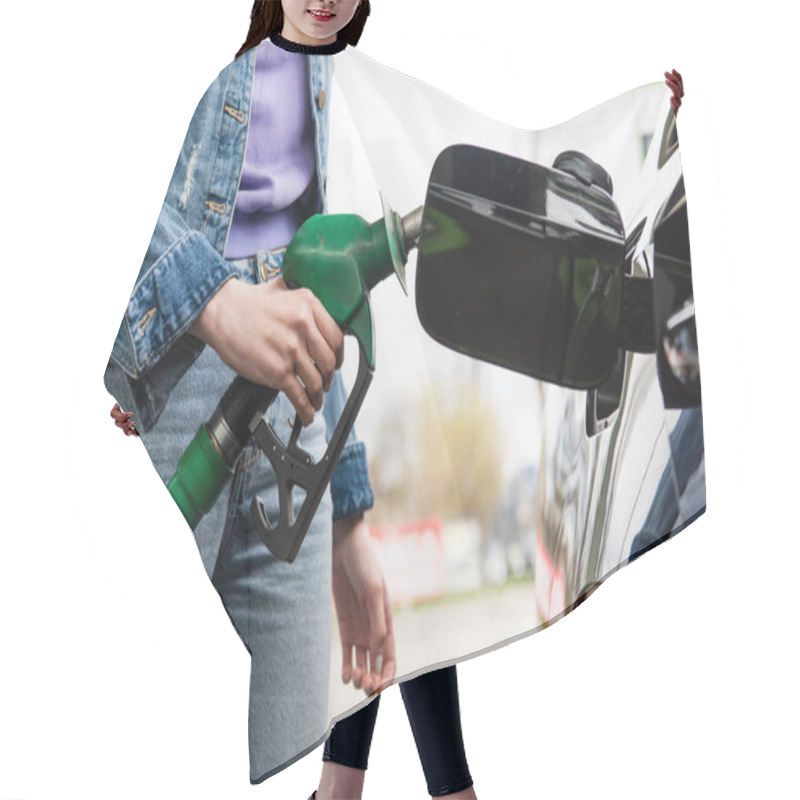 Personality  Partial View Of Young Woman In Jeans Holding Gasoline Pistol Near Automobile Hair Cutting Cape