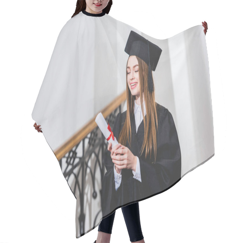 Personality  Cheerful Young Woman Holding Diploma And Smiling In University  Hair Cutting Cape