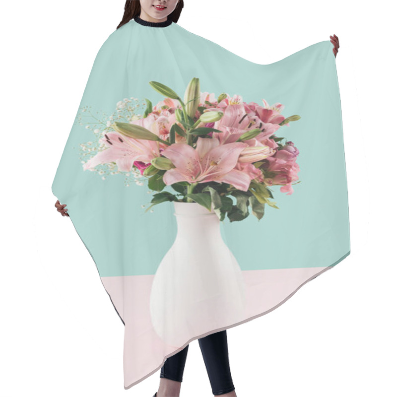 Personality  White Vase With Pink Lily Flowers On Pastel Background Hair Cutting Cape