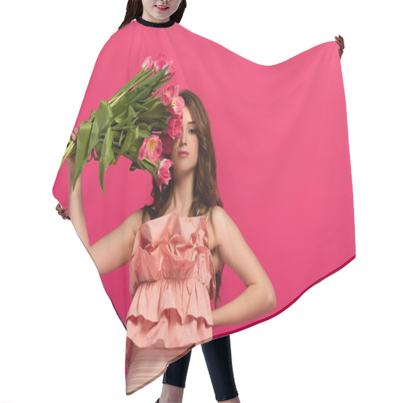 Personality  Beautiful Girl Holding Bouquet Of Spring Tulip Flowers Isolated On Pink Hair Cutting Cape