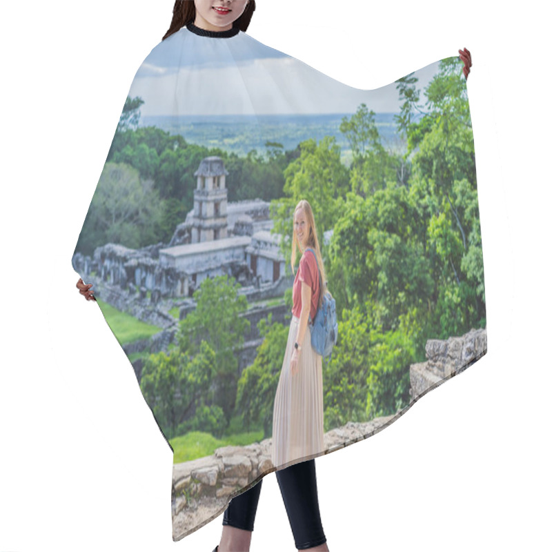 Personality  Female Tourist Exploring The Ancient Pyramids Of Palenque, Mexico, Surrounded By Dense Jungle. Cultural Heritage And Adventure Travel Concept. Hair Cutting Cape