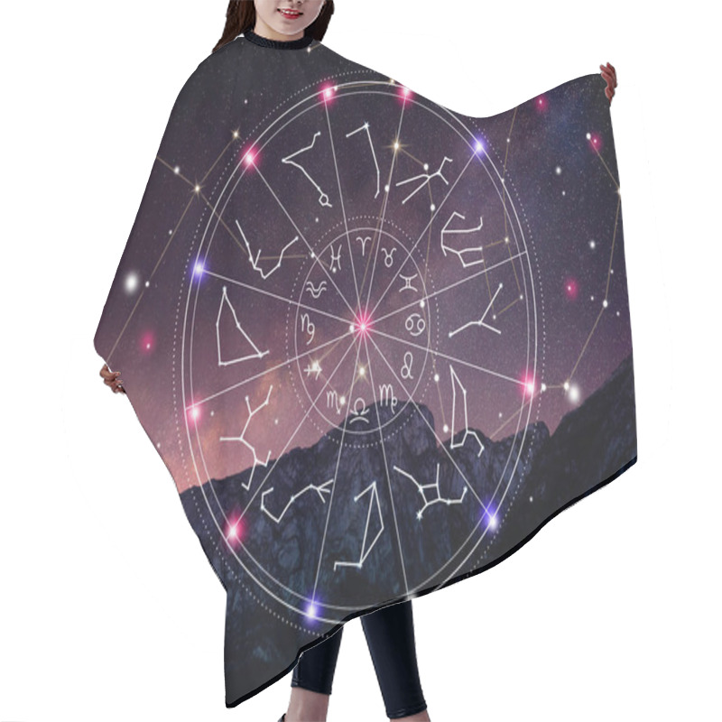 Personality  Zodiac Wheel With Symbols And Constellation Stick Figure Patterns Against Mountain Landscape Hair Cutting Cape