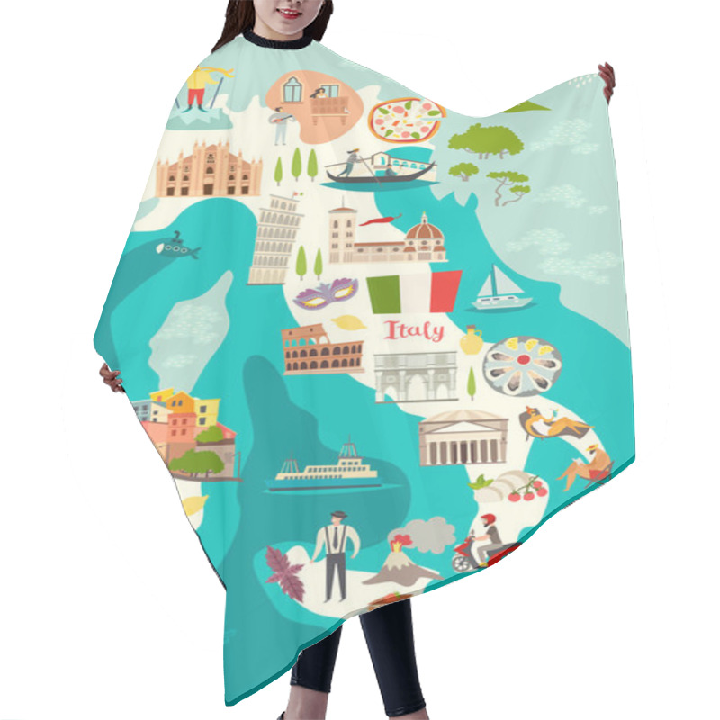 Personality  Italy Map Vector. Illustrated Map Of Italy For Children/kid. Cartoon Abstract Atlas Of Italy With Landmark And Traditional Cultural Symbols. Travel Attraction Icon Hair Cutting Cape