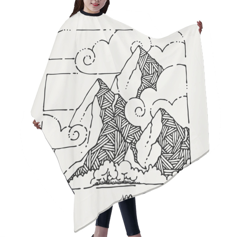 Personality  Mountain Adventures. Vector Grunge Hand Drawn Landscape Hair Cutting Cape