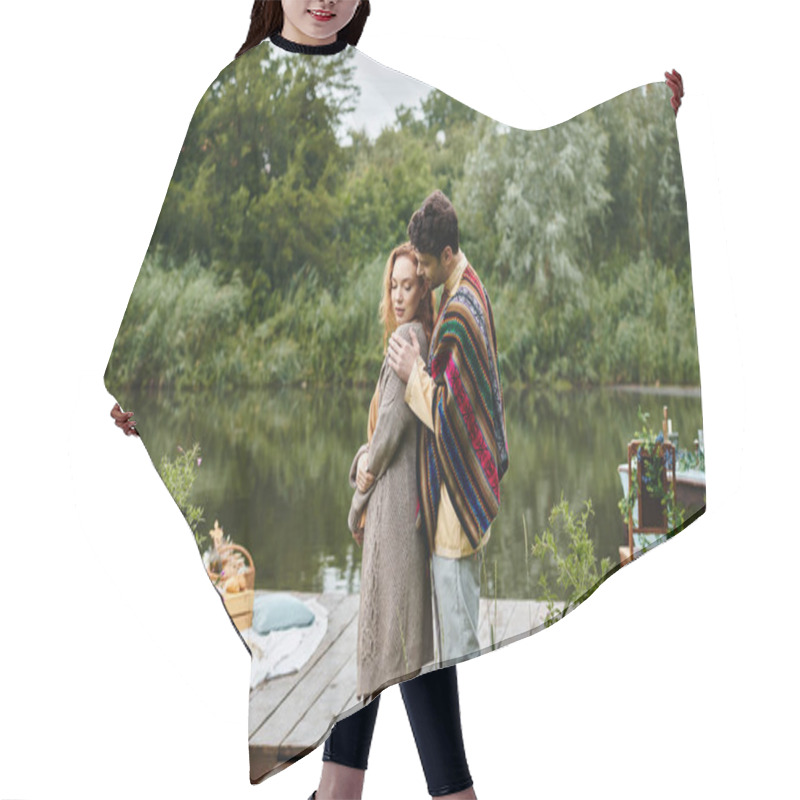 Personality  A Man And A Woman, Dressed In Boho Style Clothes, Embrace Lovingly On A Dock In A Green Park On A Romantic Date. Hair Cutting Cape