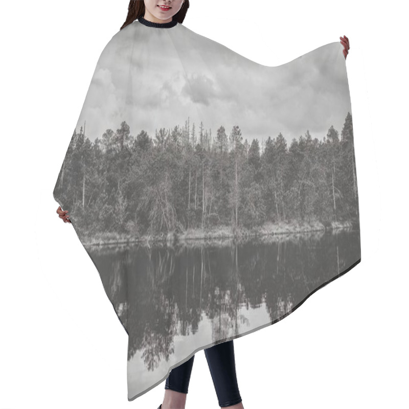 Personality  A Serene Forest Landscape Captured In Black And White, With Tall Trees And Their Reflection In The Calm Water Of A Black Lake. Hair Cutting Cape