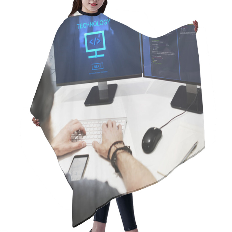 Personality  Computer With Technology On Monitor Hair Cutting Cape