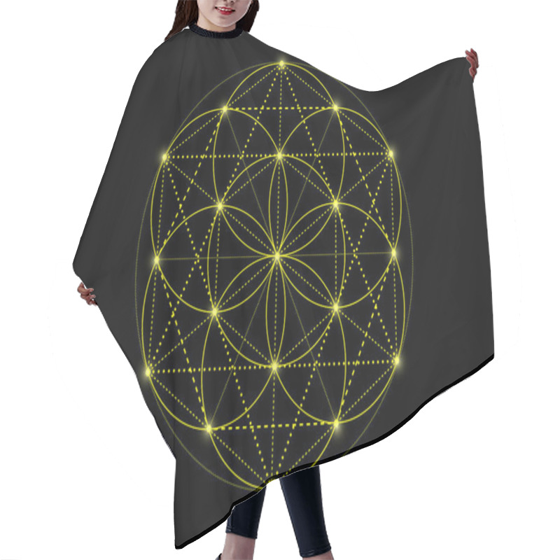 Personality  Seed Of Life Symbol Sacred Geometry. Yellow Mystic Mandala Of Alchemy Esoteric, Flower Of Life. Vector Neon Bright Color Effect Isolated On Black Background Hair Cutting Cape