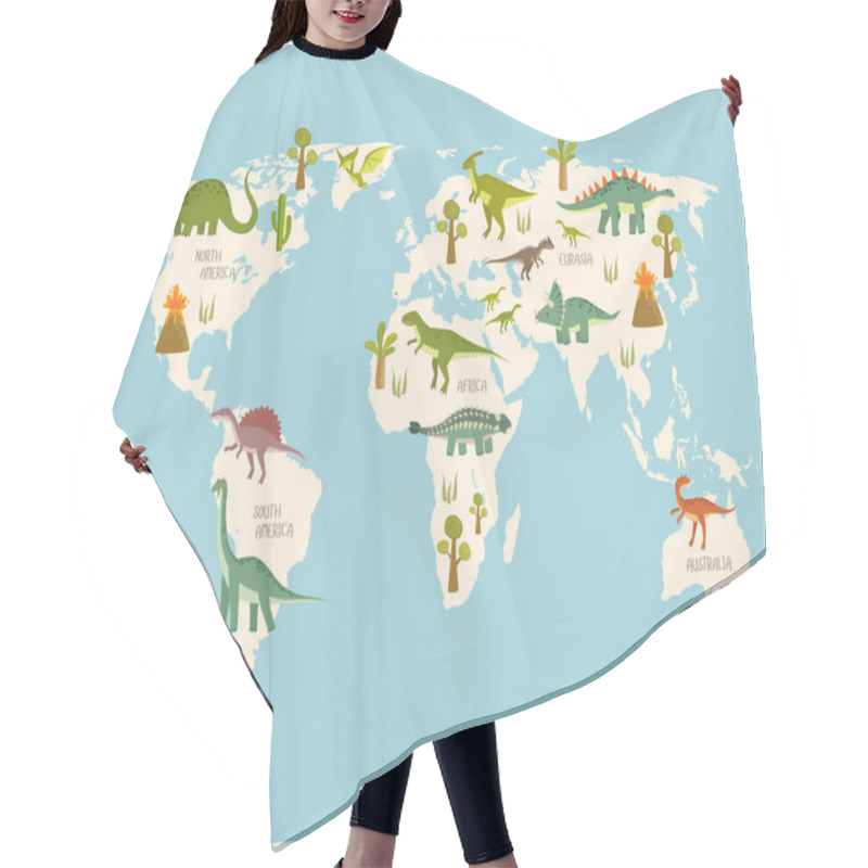 Personality  Print. World Map With Dinosaurs. Dino World Map. Cartoon Dinosaurs. Hair Cutting Cape