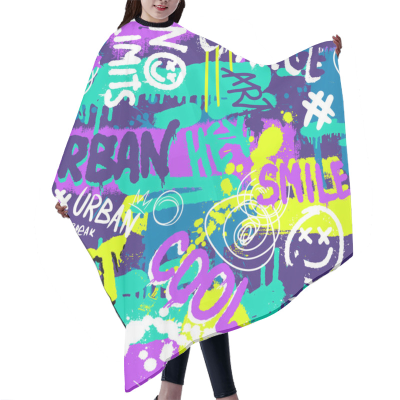 Personality  Abstract Bright Graffiti Pattern. With Bricks, Paint Drips, Words In Graffiti Style. Graphic Urban Design For Textiles, Sportswear, Prints.  Hair Cutting Cape