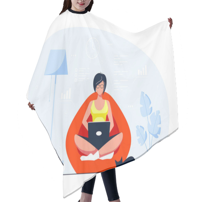 Personality  Young Woman At Home Sitting In Chair Bag And Working On Computer. Remote Working, Home Office, Self Isolation Concept. Flat Style Illustration, Isolated On White Background. Hair Cutting Cape