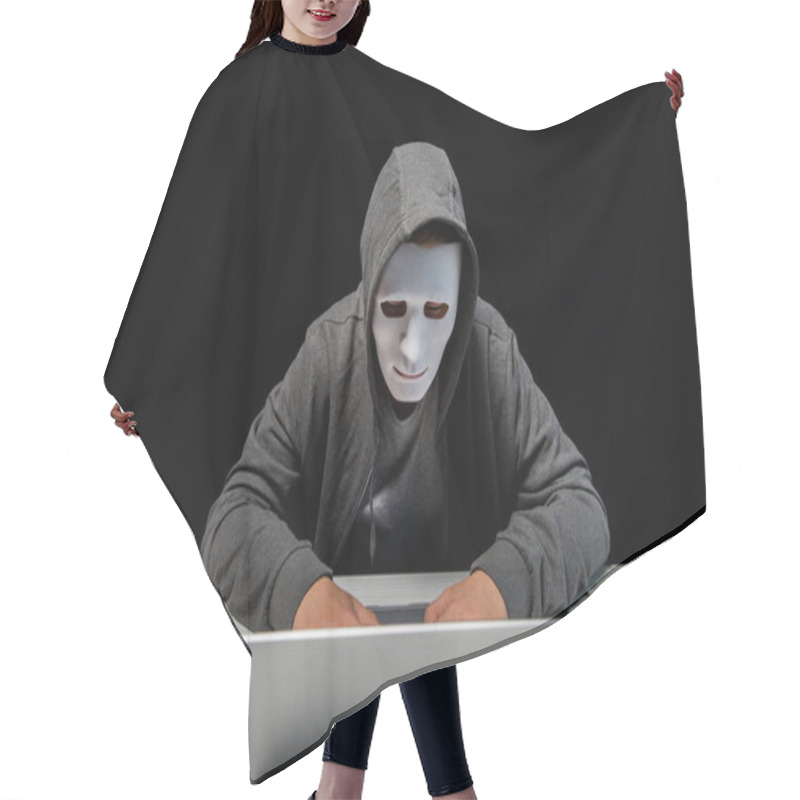 Personality  Anonymous Internet Troll In Mask Typing On Laptop Keyboard Isolated On Black Hair Cutting Cape