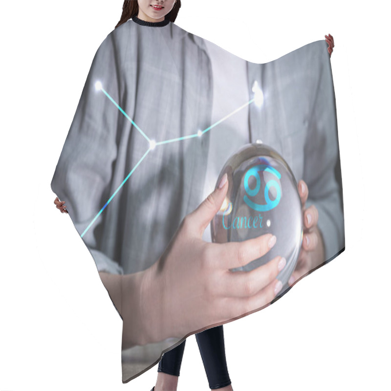 Personality  Cropped View Of Woman Using Crystal Ball Near Cancer Constellation Hair Cutting Cape