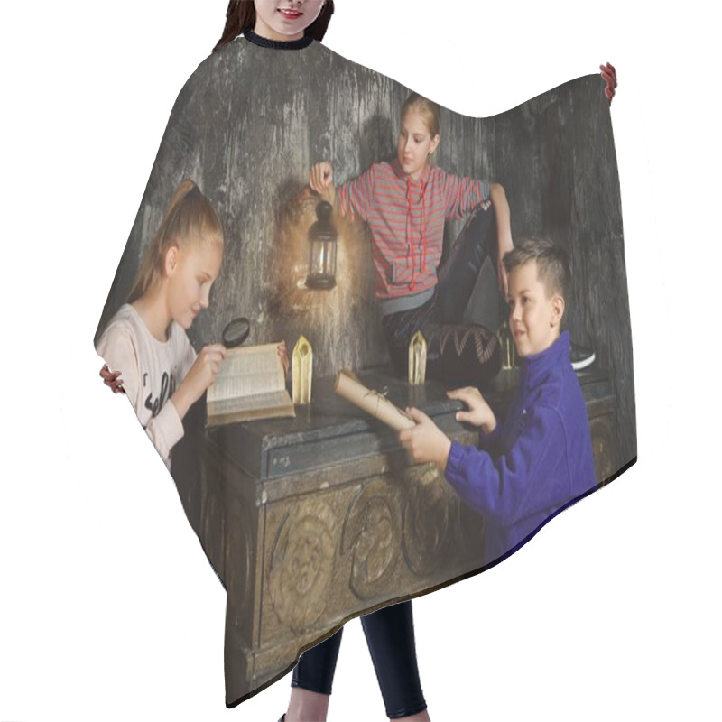 Personality  Three Children In Quest Game Solving A Riddle  Hair Cutting Cape