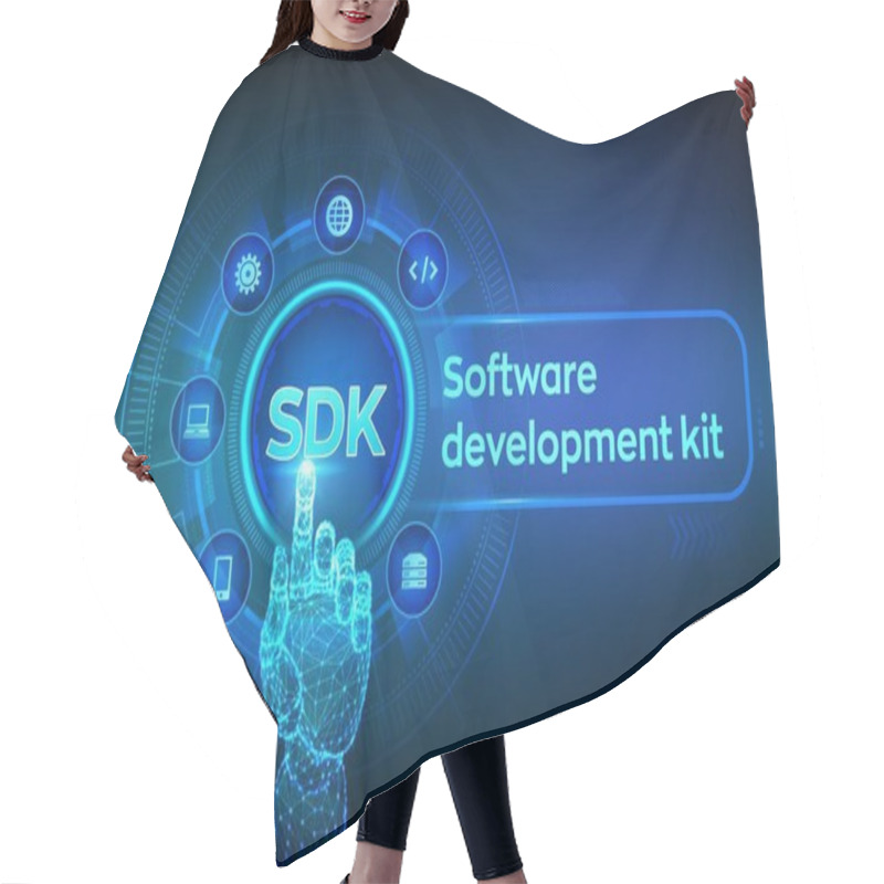 Personality  SDK. Software Development Kit Programming Language Technology Concept On Virtual Screen. Technology Concept. Robotic Hand Touching Digital Interface. Vector Illustration. Hair Cutting Cape