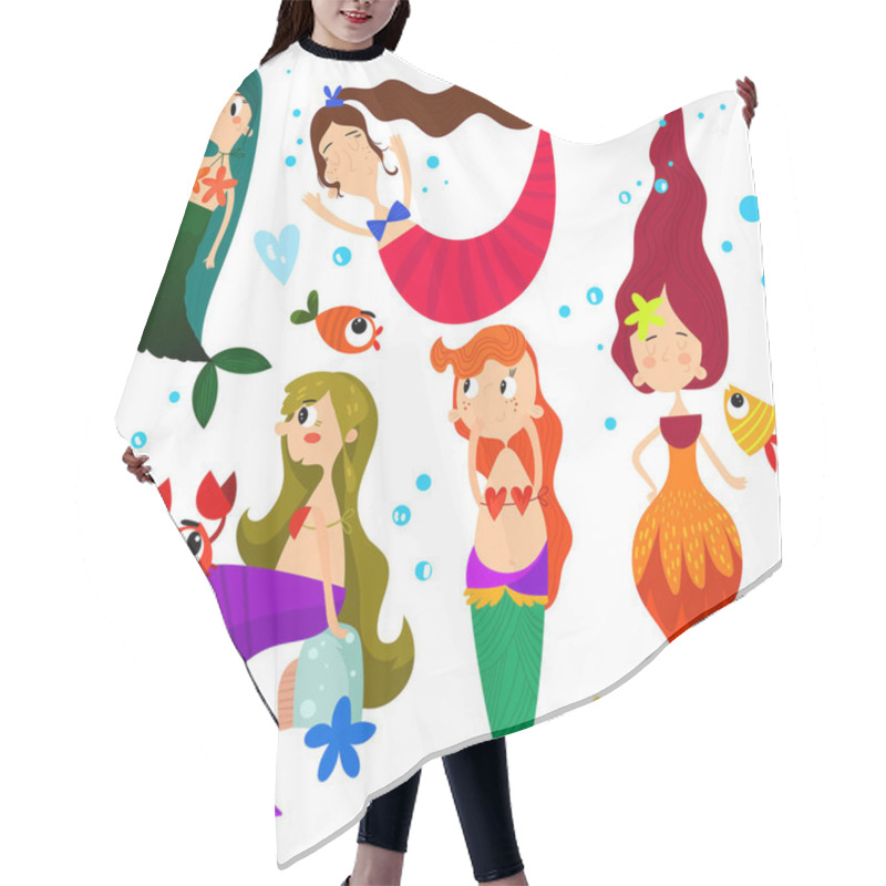 Personality  Vector Set With Cute Mermaids And Other Under The Sea Elements.  Hair Cutting Cape