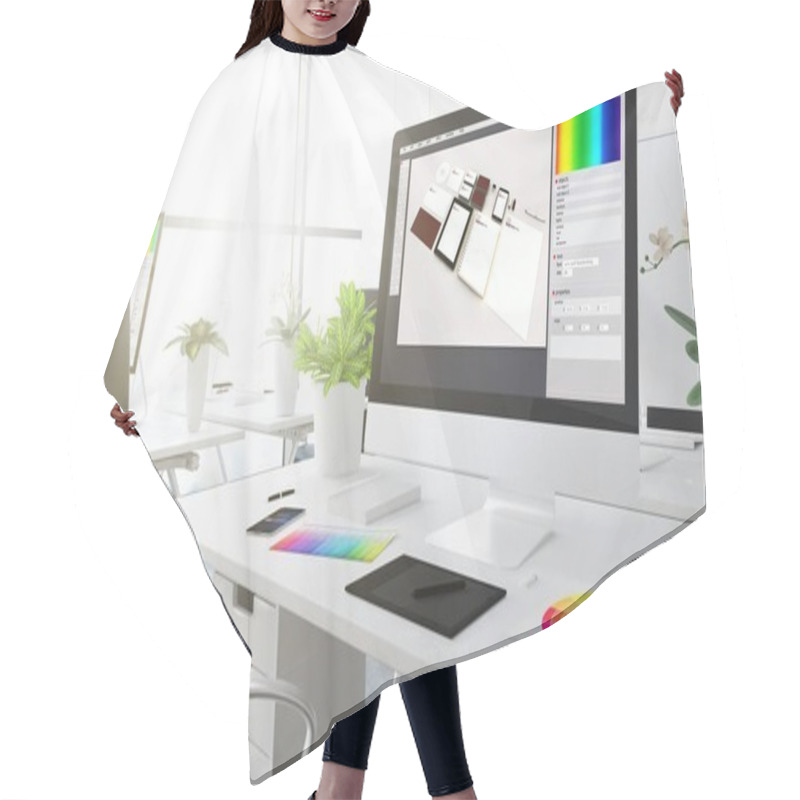 Personality  Graphic Design  On Computer Screen, Creative Studio Workplace With Colour Swatches On The Table, 3d Rendering Hair Cutting Cape