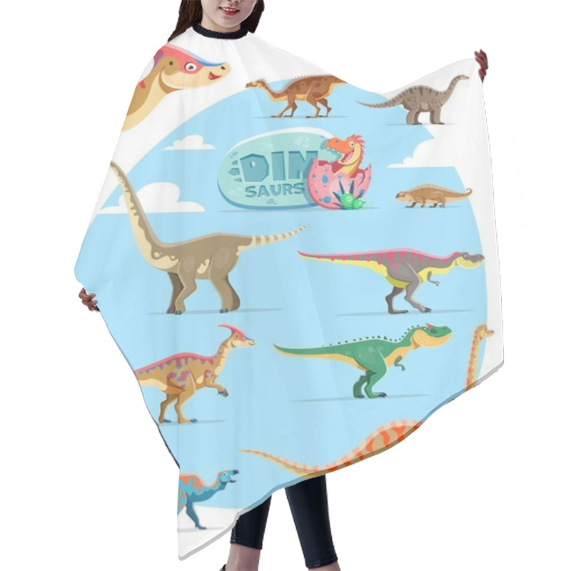 Personality  Cartoon Dinosaurs Funny Characters. Plateosaurus, Vulcanodon, Hyperodapedon And Omeisaurus Tarbosaurus, Parasaurolophus And Allosaurus, Iguanodon, Brachiosaurus Dinosaurs Childish Personages Set Hair Cutting Cape