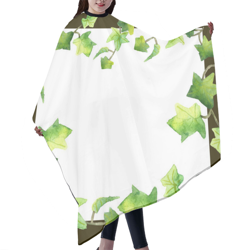 Personality  Watercolor Hand Painted Squared Frame Composition With Green Loach Ivy Leaves And Branches On The White Background With Brown Border For Invitations And Greeting Cards With The Space For Text Hair Cutting Cape