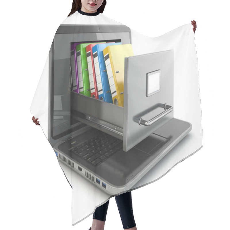 Personality  Data Storage. Laptop And File Cabinet With Ring Binders. Hair Cutting Cape