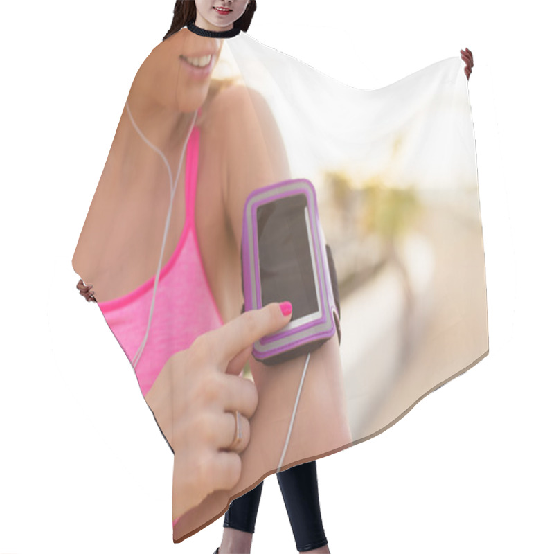 Personality  Woman Using Sports Activity Tracking App On Her Mobile Phone Hair Cutting Cape