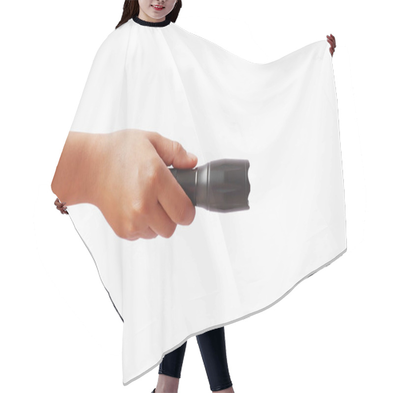 Personality  Black Flashlight In Human Hands, Isolated On A White Background With The Clipping Path. Hair Cutting Cape