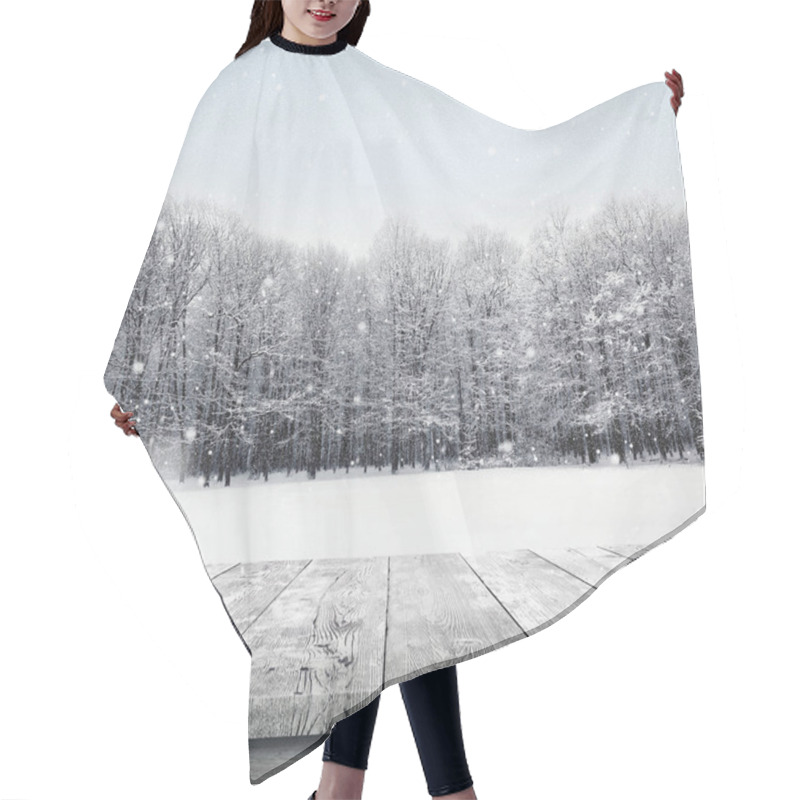 Personality  Wooden Table Over Winter Snow Covered Forest. Beauty Nature Background Hair Cutting Cape