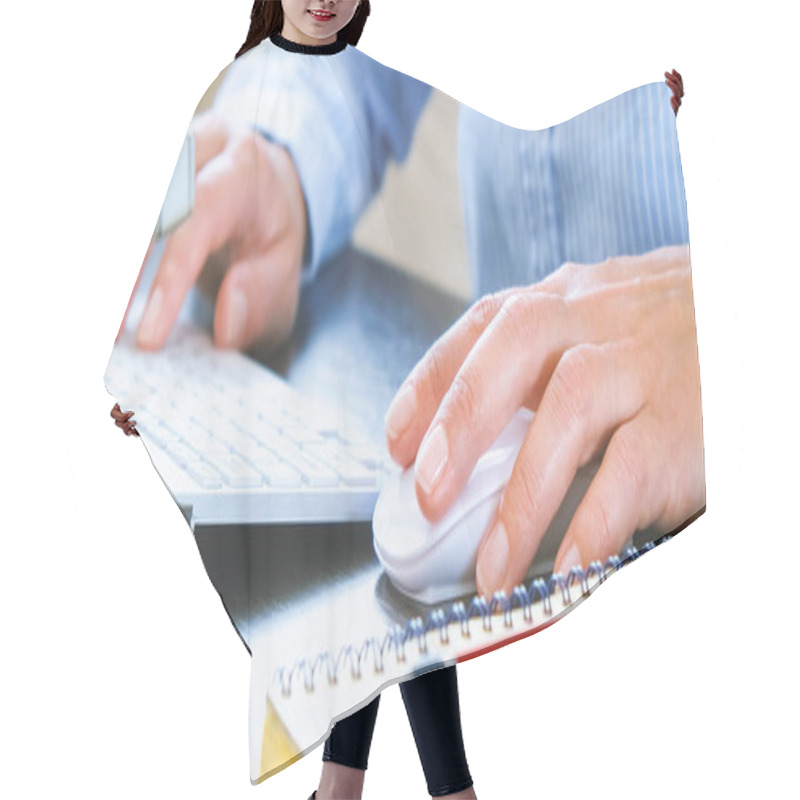 Personality  Office Desk With Computer And Keyboard In Background. Notebook And Pen Are Prepared For Work Records. Hair Cutting Cape