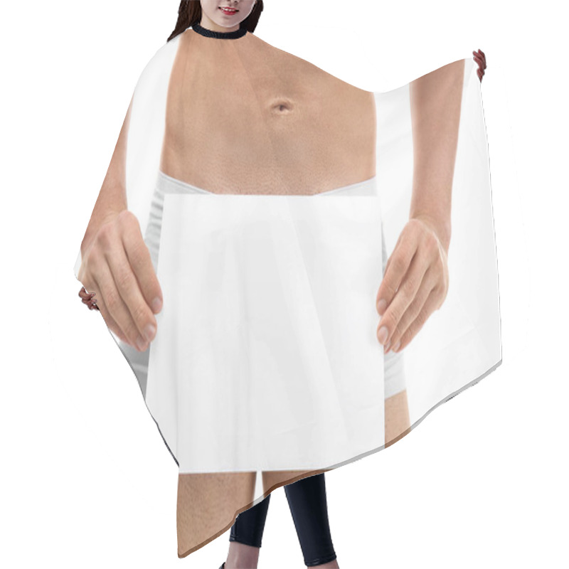 Personality  Man In Boxers Holding Sheet Of Paper  Hair Cutting Cape