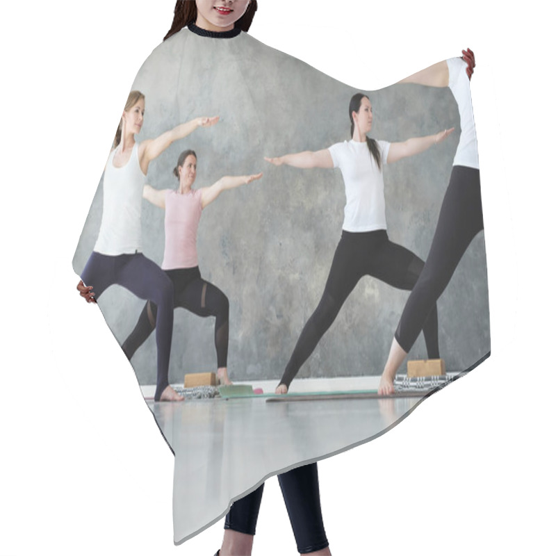 Personality  Young Sporty Women Practicing Yoga Lesson Standing In Warrior Two Exercise Hair Cutting Cape