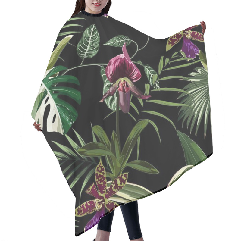 Personality  Exotic Flowers Seamless Pattern. Tropical Violet Bordo Orchid Flowers And Palm Leaves In Summer Print. Hawaiian T-shirt And Swimwear Tile. Black Background. Hair Cutting Cape