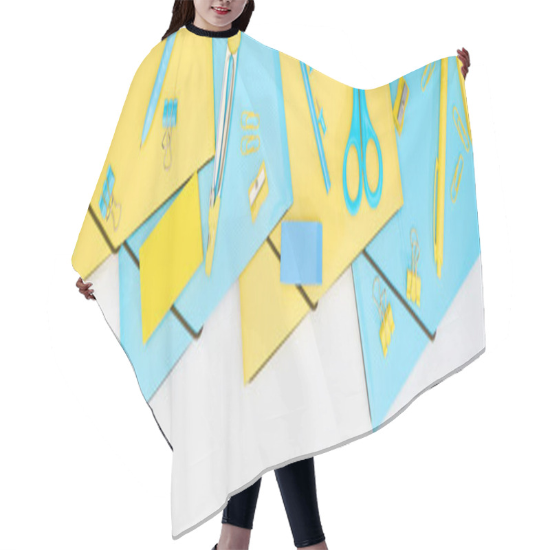 Personality  Panoramic Shot Of Blue And Yellow Stationery Isolated On White Hair Cutting Cape