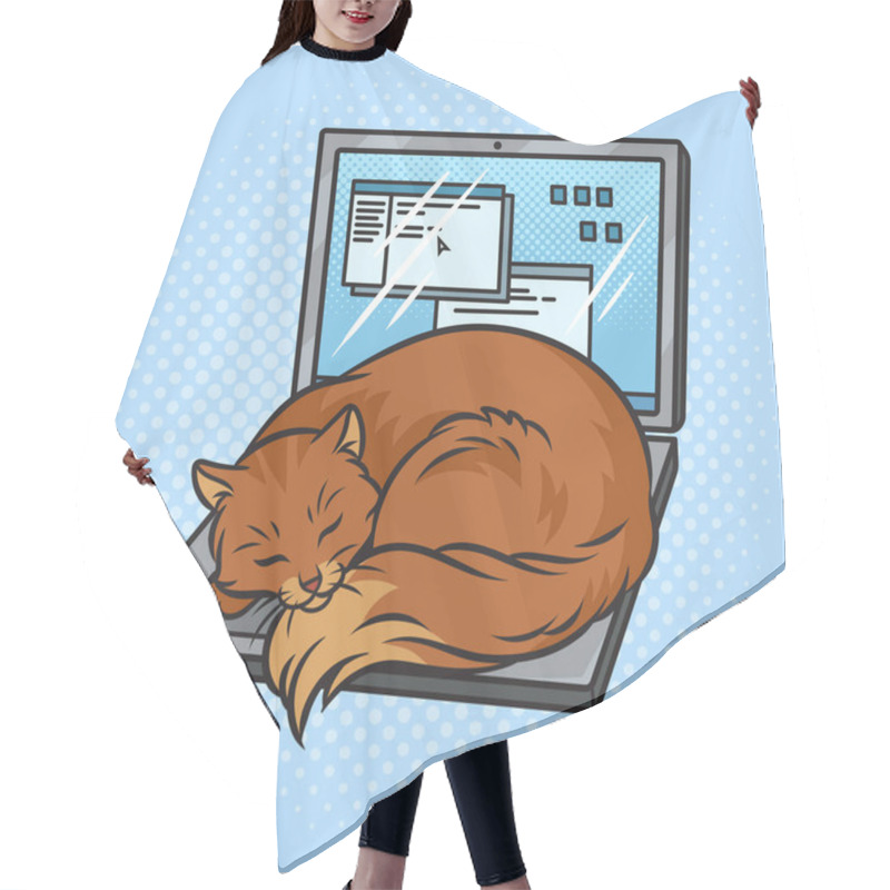 Personality  Cat Sleeping On Laptop Pinup Pop Art Retro Vector Illustration. Comic Book Style Imitation. Hair Cutting Cape