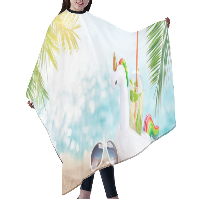 Personality  Fresh Cold Mojito Cocktail In Inflatable Unicorn Toy And Sunglasses On Tropical Beach With Palms And Bright Sand. Summer Sea Vacation And Travel Concept Hair Cutting Cape