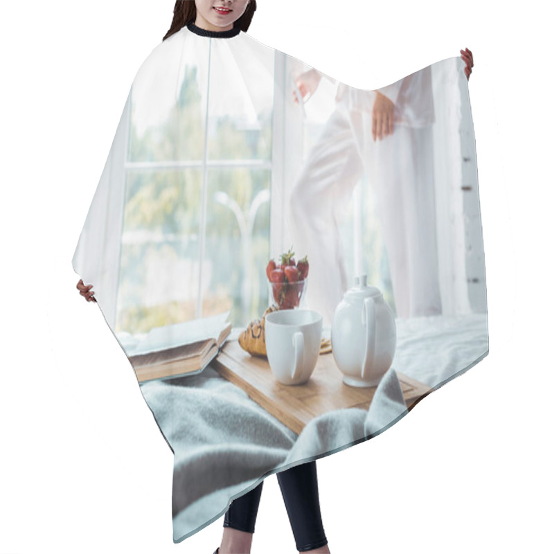 Personality  Cropped Image Of Woman Opening Window, Breakfast And Book On Bed Hair Cutting Cape