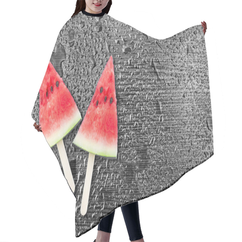 Personality  Slice Of Watermelon With Ice Cubes On A Black Background. Ice Cream With The Taste Of Watermelon Hair Cutting Cape