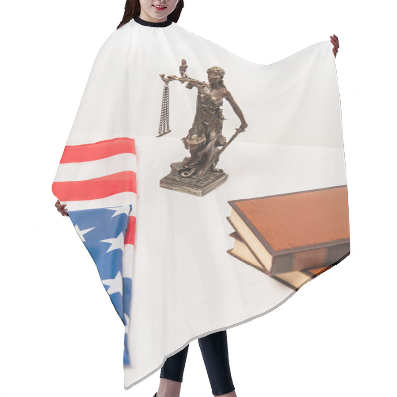 Personality  High Angle View Of Statuette Of Justice Near American Flag And Books Isolated On White Hair Cutting Cape