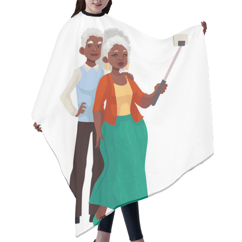 Personality  Elder Grey-haired African American Couple Taking Selfie Hair Cutting Cape