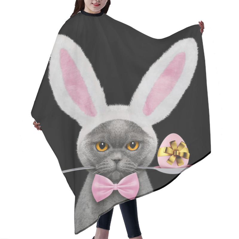 Personality  Pretty Cat With Rabbit Ears And Easter Egg. Isolated On Black Hair Cutting Cape